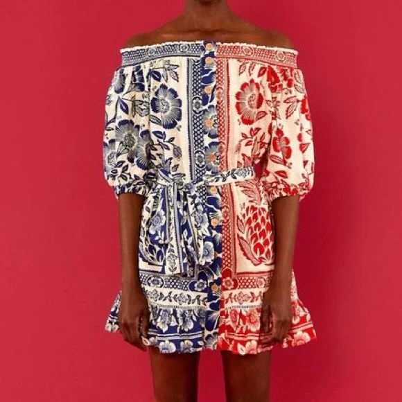 NWT Farm Rio Off-the-Shoulder Mixed Pineapple Garden Mini Dress- size small